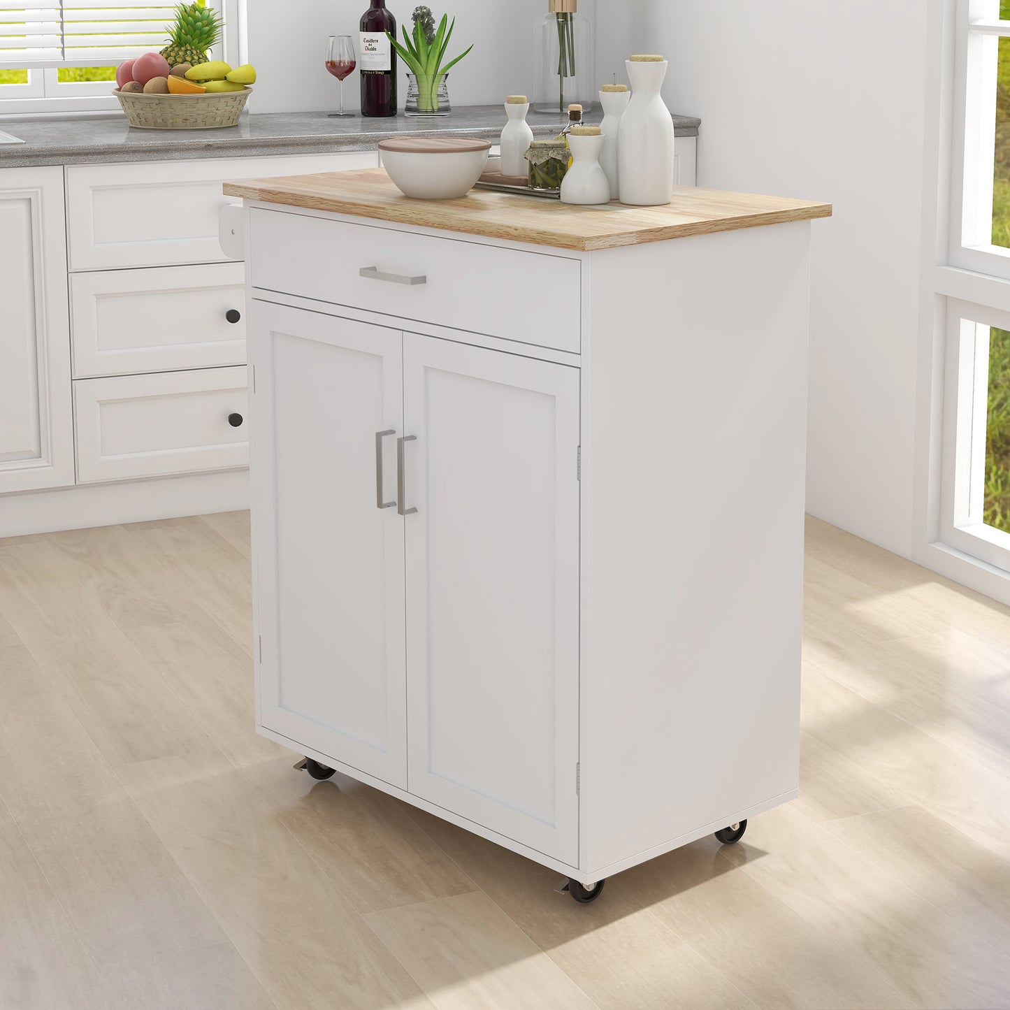 Kitchen Island Rolling Trolley Cart with Adjustable Shelves, Towel Rack & Rubber Wood Tabletop - Versatile Storage & Prep Solution