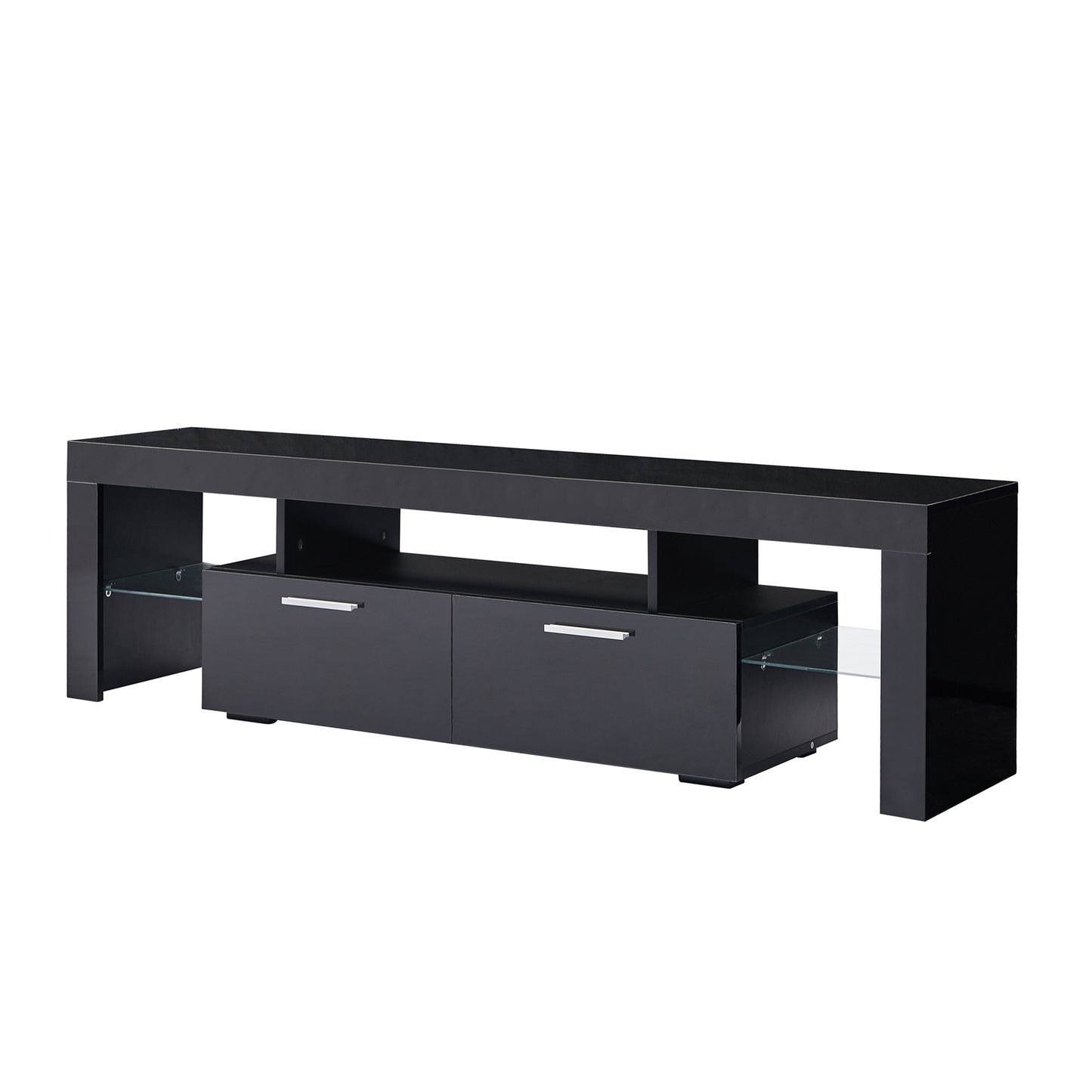 Fashionable Black TV Stand with LED Light Belt, Remote Control, Toughened Glass Shelf, Metal Handles - Ideal Entertainment Center