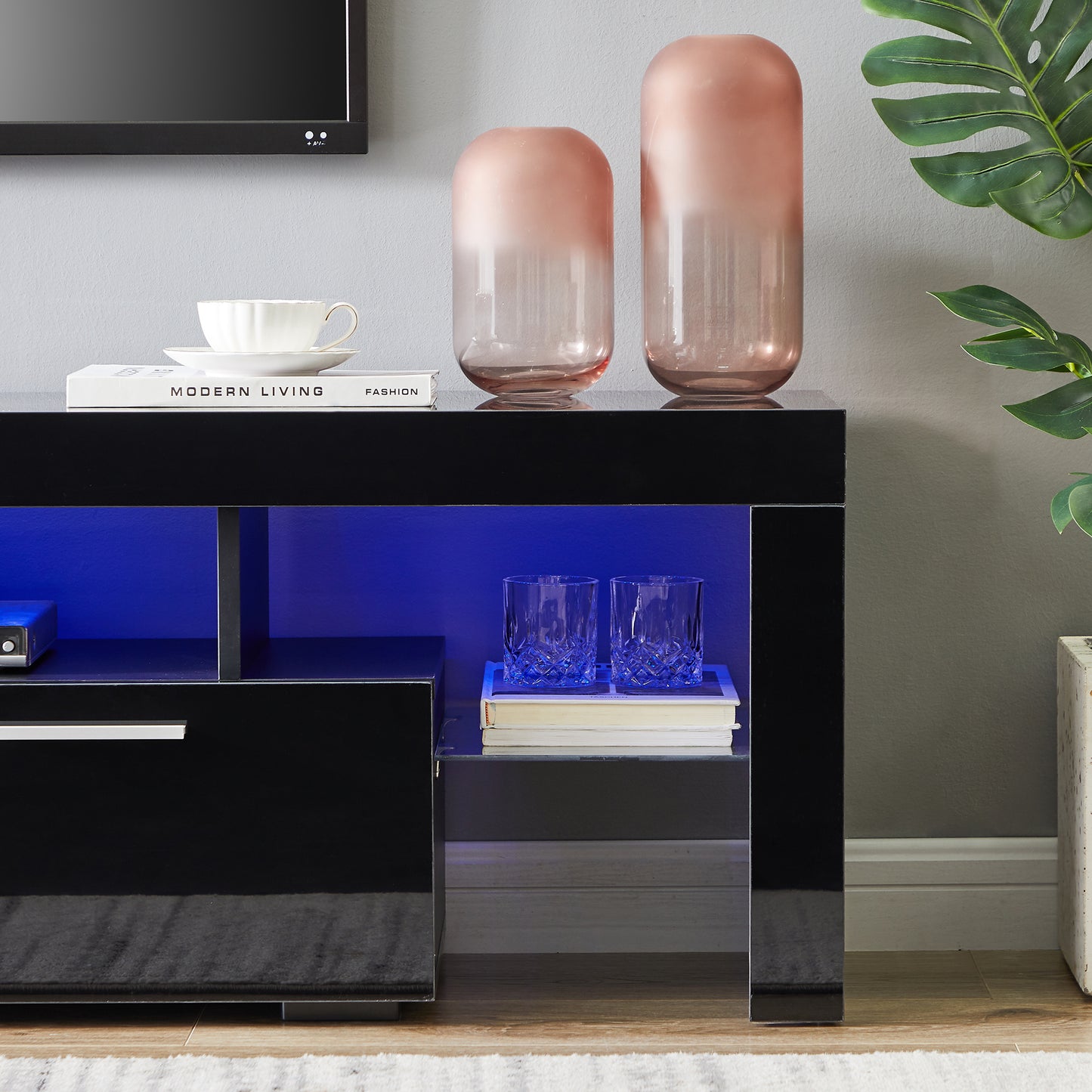 Fashionable Black TV Stand with LED Light Belt, Remote Control, Toughened Glass Shelf, Metal Handles - Ideal Entertainment Center
