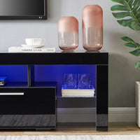 Fashionable Black TV Stand with LED Light Belt, Remote Control, Toughened Glass Shelf, Metal Handles - Ideal Entertainment Center