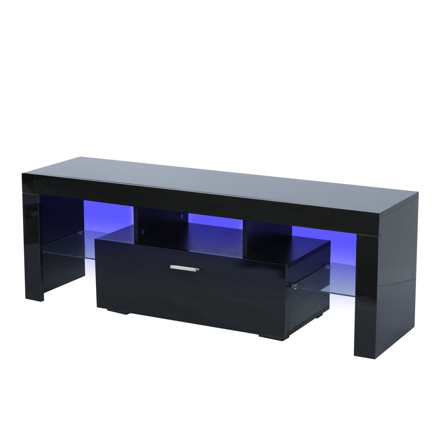 Stylish Black TV Stand with LED Light Belt, Remote Control, Toughened Glass Shelf, Modern Entertainment Center for Living Room & Bedroom