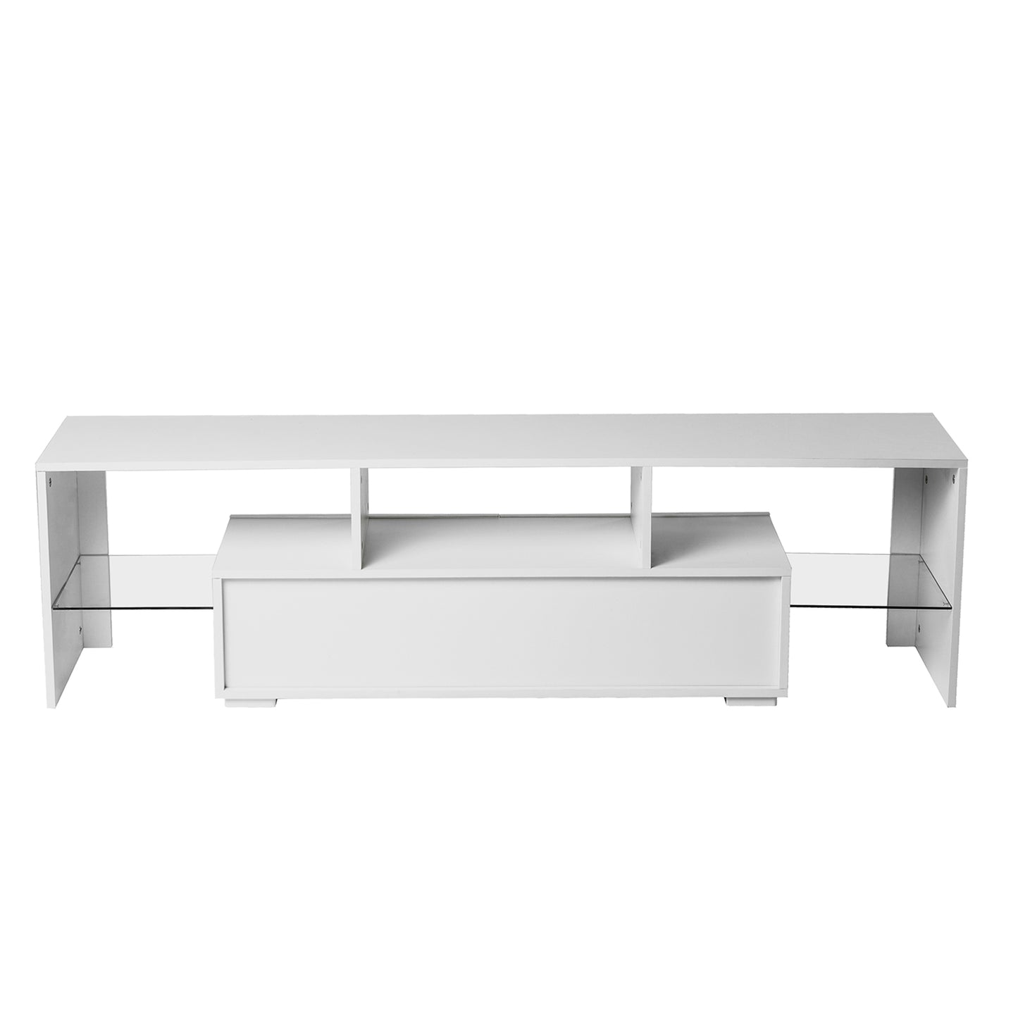 Modern White TV Stand with LED Light Belt, Remote Control, Toughened Glass Shelf, and Metal Handles - Stylish Entertainment Center