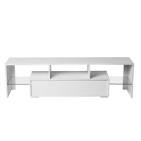 Modern White TV Stand with LED Light Belt, Remote Control, Toughened Glass Shelf, and Metal Handles - Stylish Entertainment Center