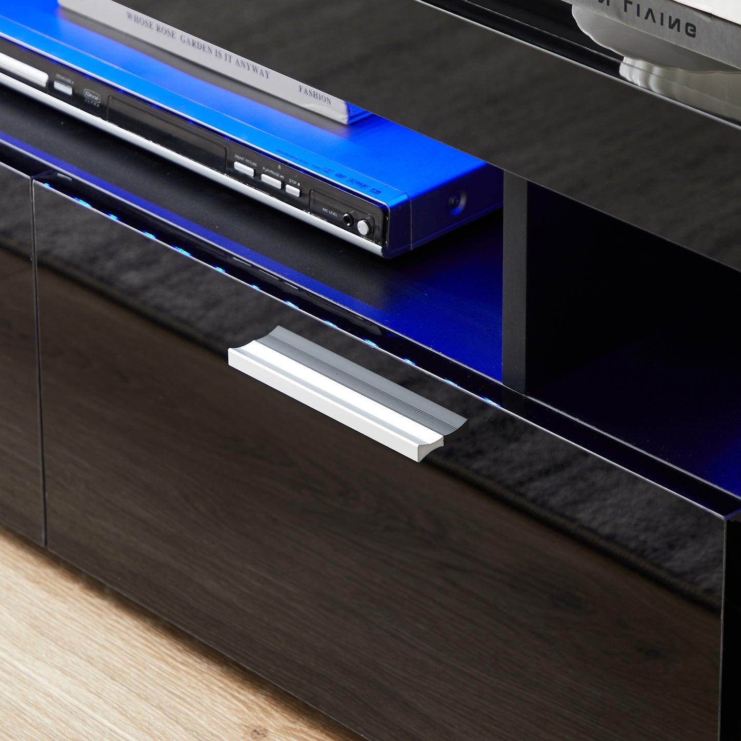 Fashionable Black TV Stand with LED Light Belt, Remote Control, Toughened Glass Shelf, Metal Handles - Ideal Entertainment Center