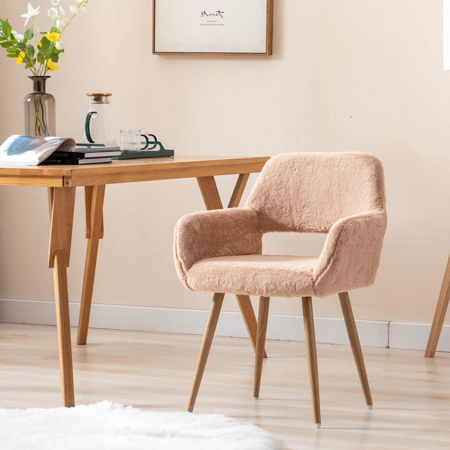 Faux Fur Dining Chairs, Mid Century Style Side Chairs with Solid Steel Legs for Dining Room, Comfortable and Stylish Accent Seating