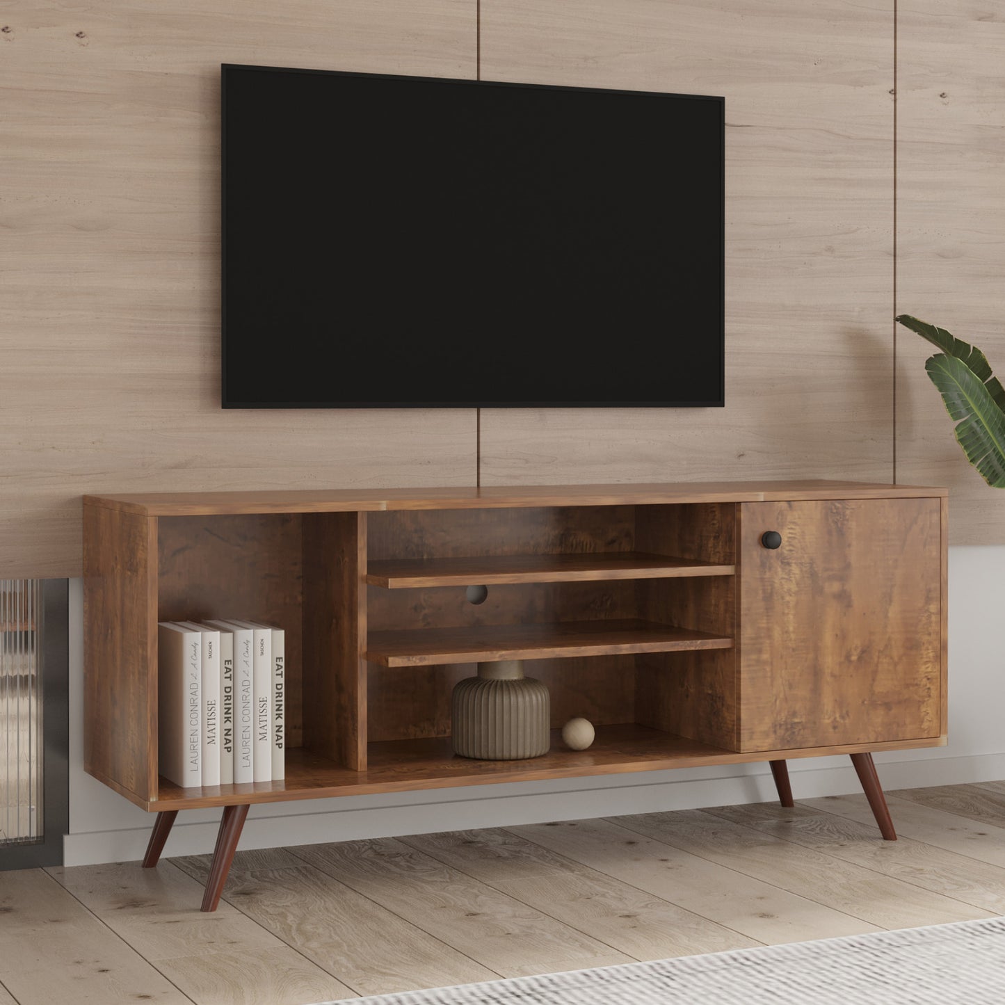 Modern TV Stand for Living Room Furniture - 1 Storage Cabinet & 2 Shelves, High-Quality Particle Board, Walnut Finish