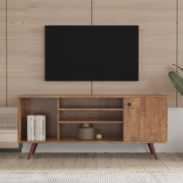 Modern TV Stand for Living Room Furniture - 1 Storage Cabinet & 2 Shelves, High-Quality Particle Board, Walnut Finish