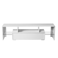 Modern White TV Stand with LED Light Belt, Remote Control, Toughened Glass Shelf, and Metal Handles - Stylish Entertainment Center