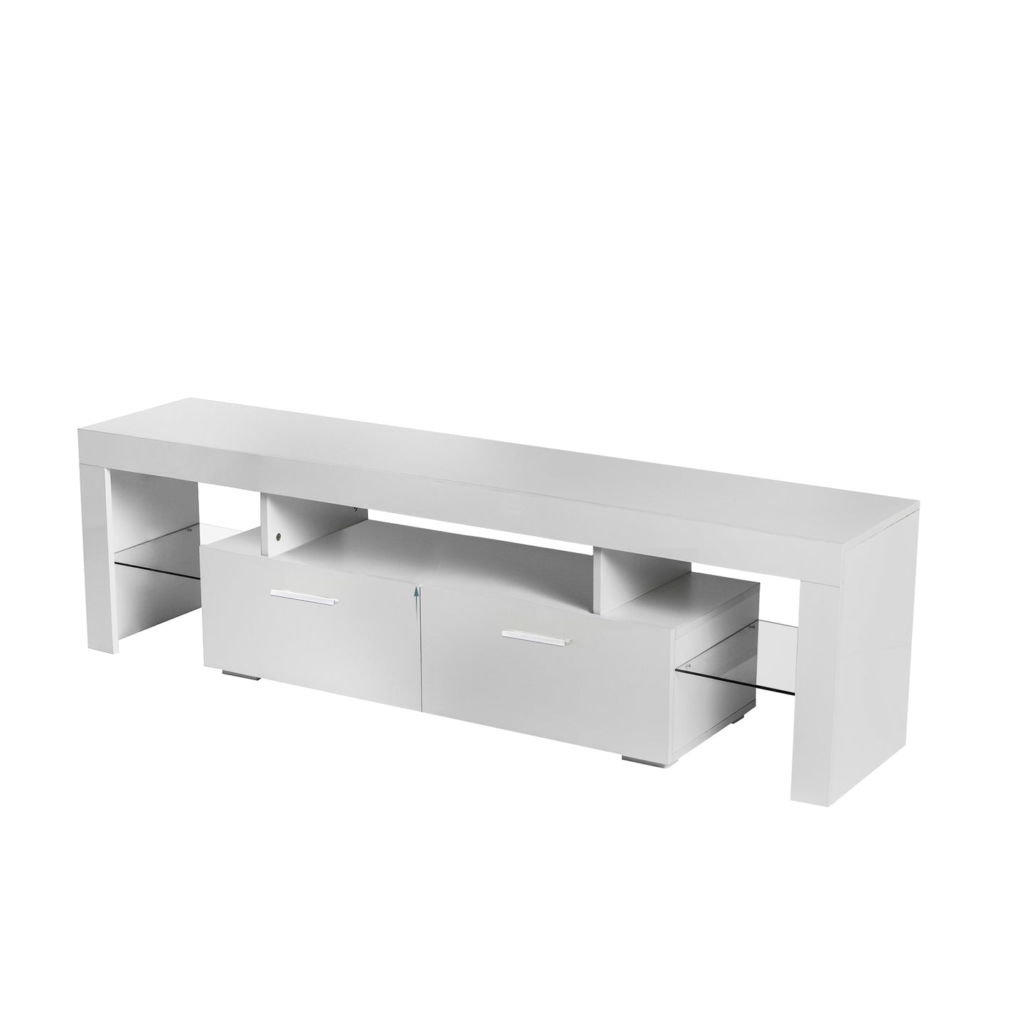 Modern White TV Stand with LED Light Belt, Remote Control, Toughened Glass Shelf, and Metal Handles - Stylish Entertainment Center