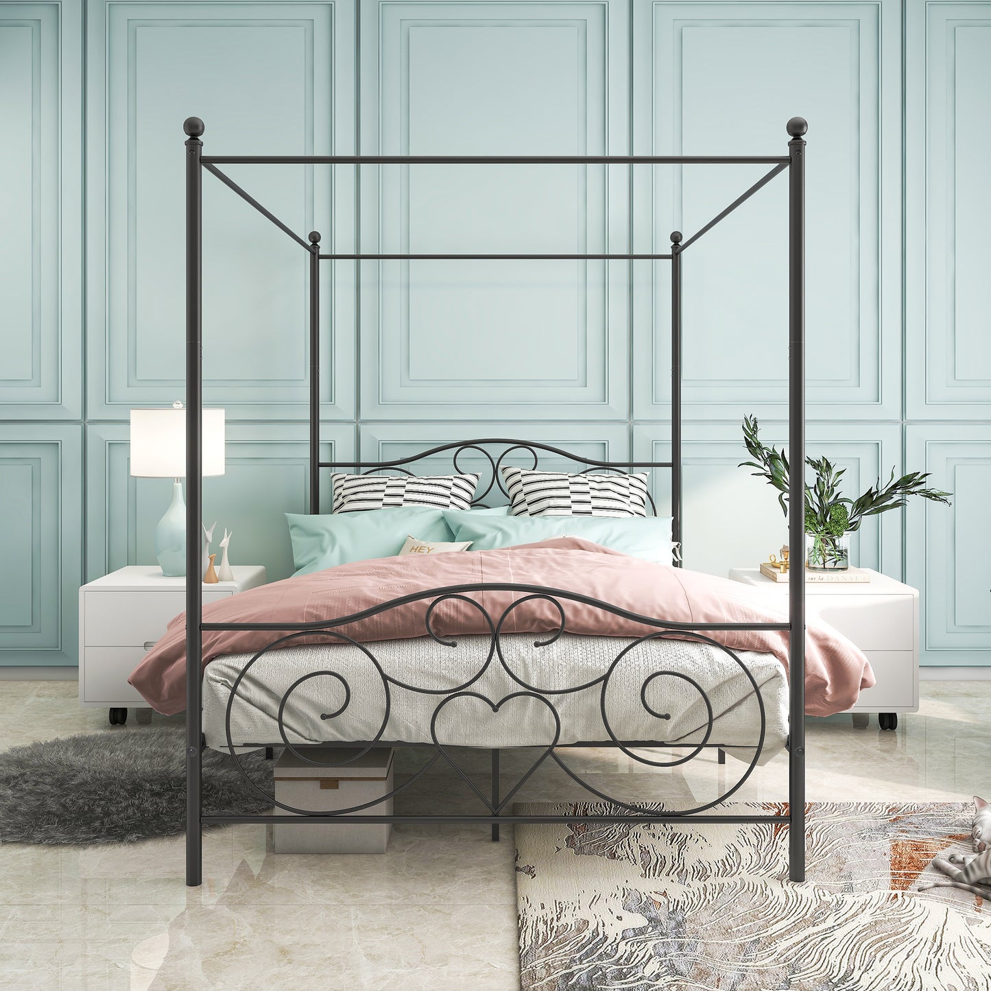 Metal Canopy Bed Frame with Vintage Style Headboard & Footboard, Easy DIY Assembly, Queen Size, Black