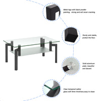 Modern Rectangle Black Glass Coffee Table - Clear Top Center Table for Living Room, Stylish Side Table Furniture