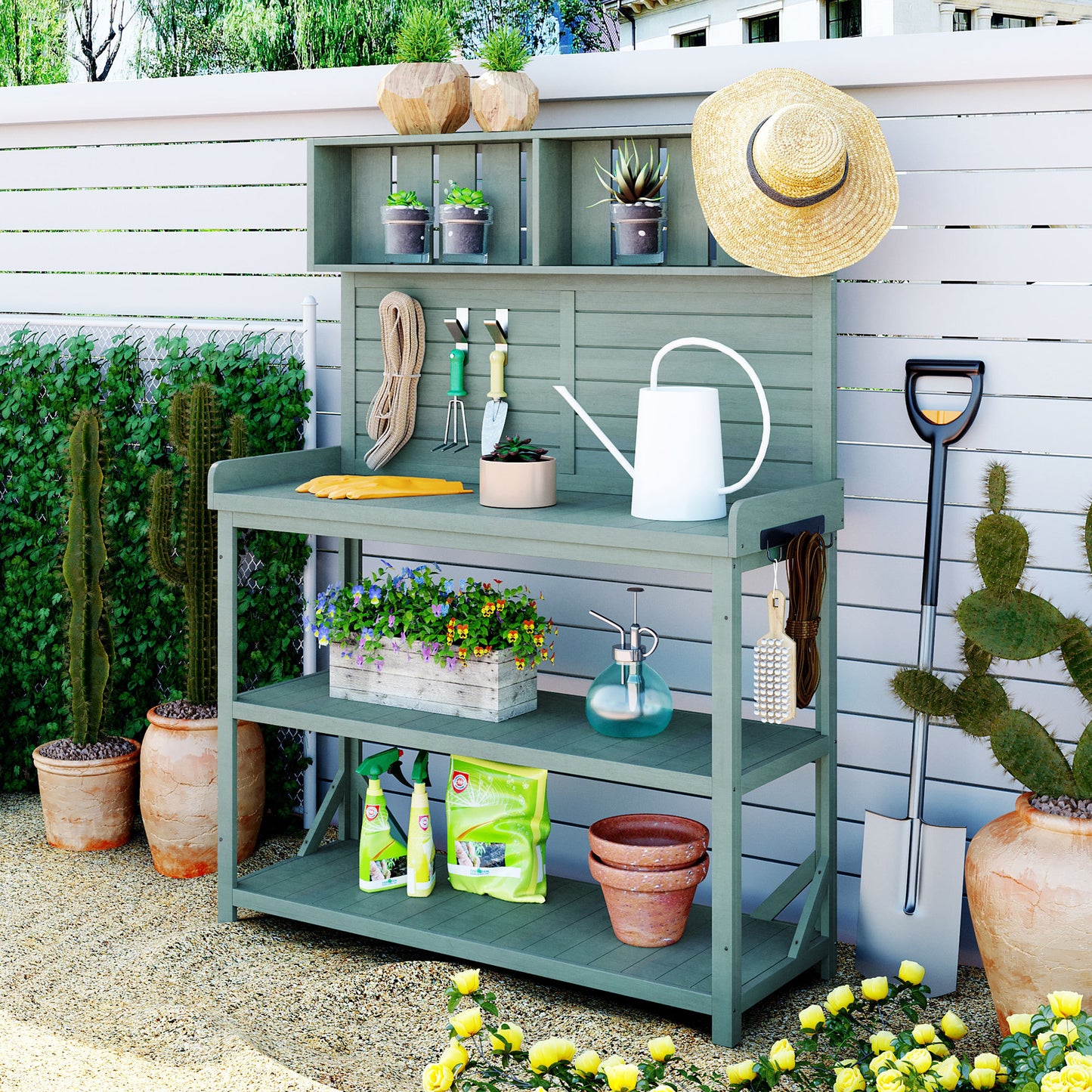 Large Wooden Rustic Outdoor Potting Bench Table with Shelves and Side Hooks for Garden Workstation - 65 Green Patio Table