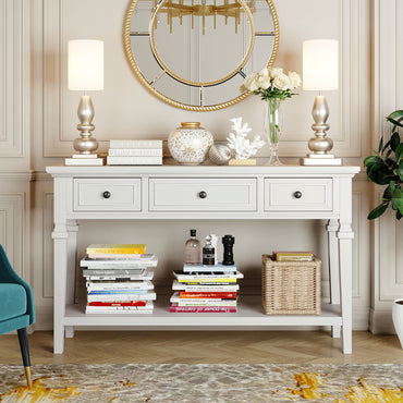 Classic Retro Console Table with 3 Drawers & Open Bottom Shelf, Antique White - Easy Assembly