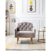 Modern Accent Chair with Arms, Tufted Decorative Fabric Upholstered Armchair with Gold Metal Legs, Stylish Reading Chair (Grey Teddy)