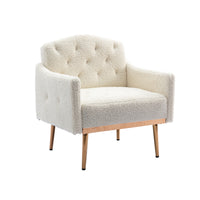 Modern Accent Chair with Arms - Tufted Decorative Fabric Upholstered Armchair, Stylish Gold Metal Legs for Living Room White Teddy