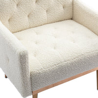 Modern Accent Chair with Arms - Tufted Decorative Fabric Upholstered Armchair, Stylish Gold Metal Legs for Living Room White Teddy