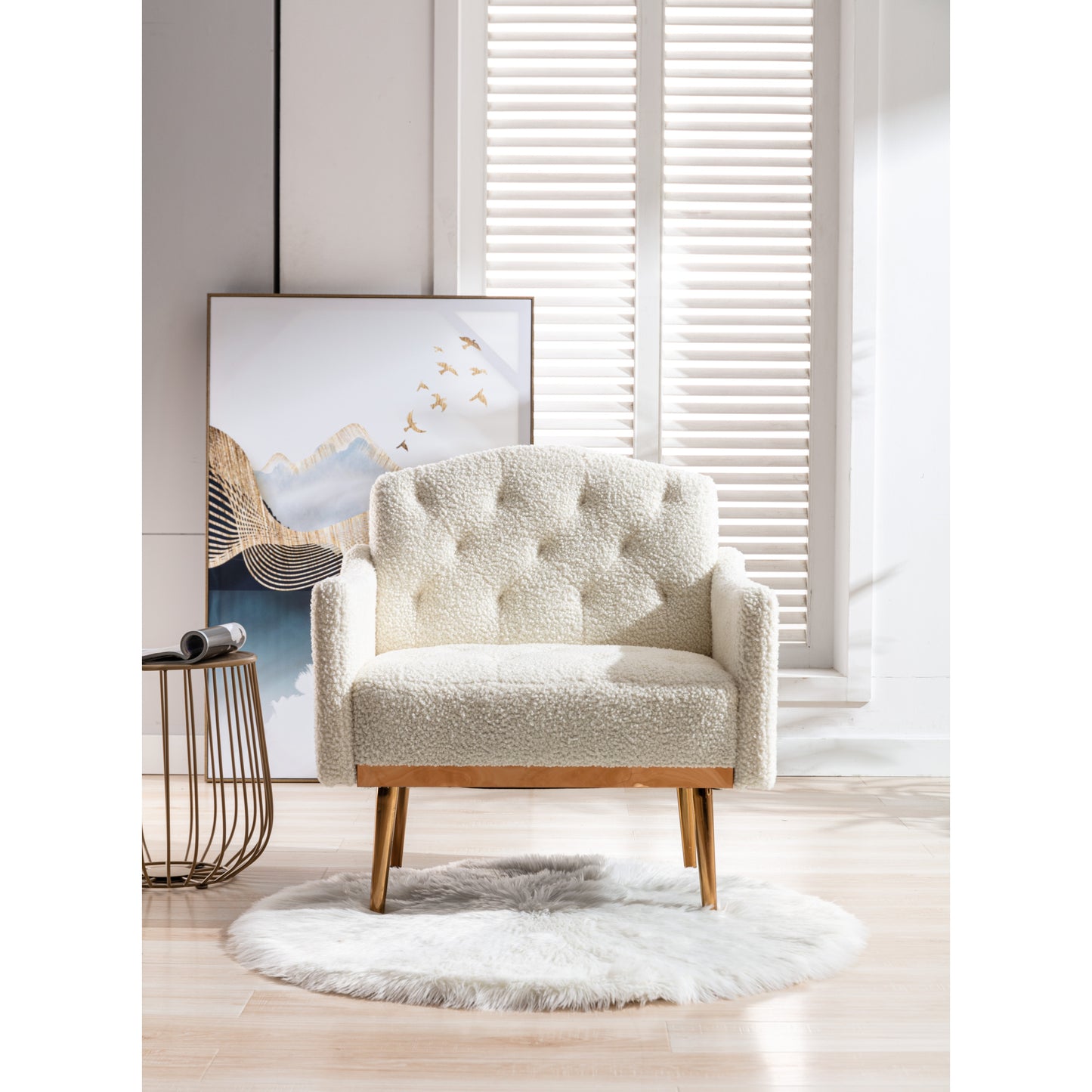 Modern Accent Chair with Arms - Tufted Decorative Fabric Upholstered Armchair, Stylish Gold Metal Legs for Living Room White Teddy