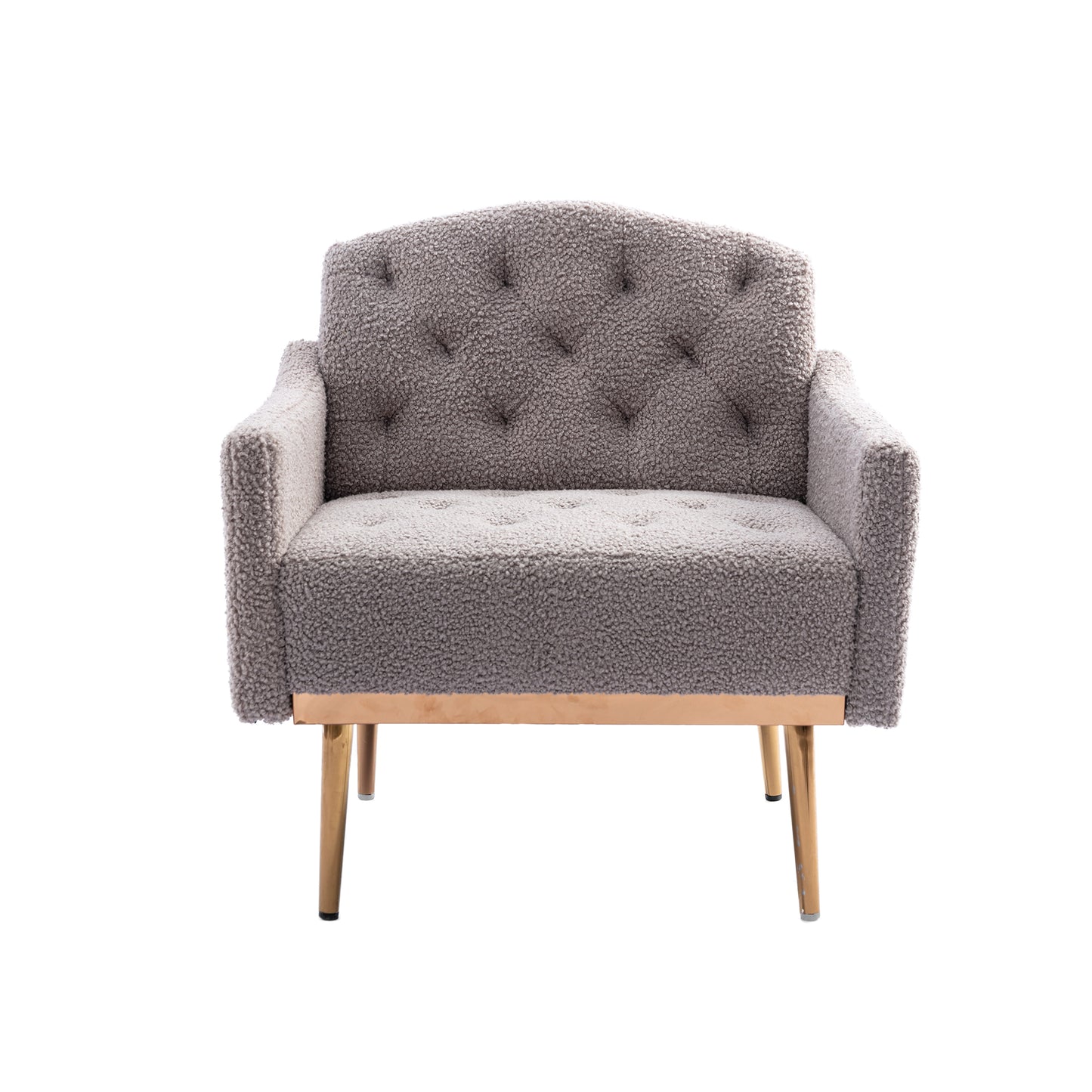 Modern Accent Chair with Arms, Tufted Decorative Fabric Upholstered Armchair with Gold Metal Legs, Stylish Reading Chair (Grey Teddy)