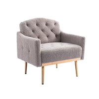 Modern Accent Chair with Arms, Tufted Decorative Fabric Upholstered Armchair with Gold Metal Legs, Stylish Reading Chair (Grey Teddy)