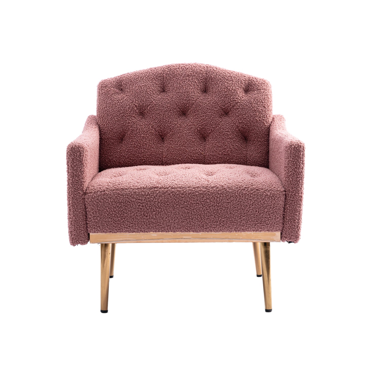 Modern Accent Chair with Arms, Tufted Fabric Armchair, Stylish Upholstered Reading Chair with Gold Metal Legs (Brush Pink Teddy)