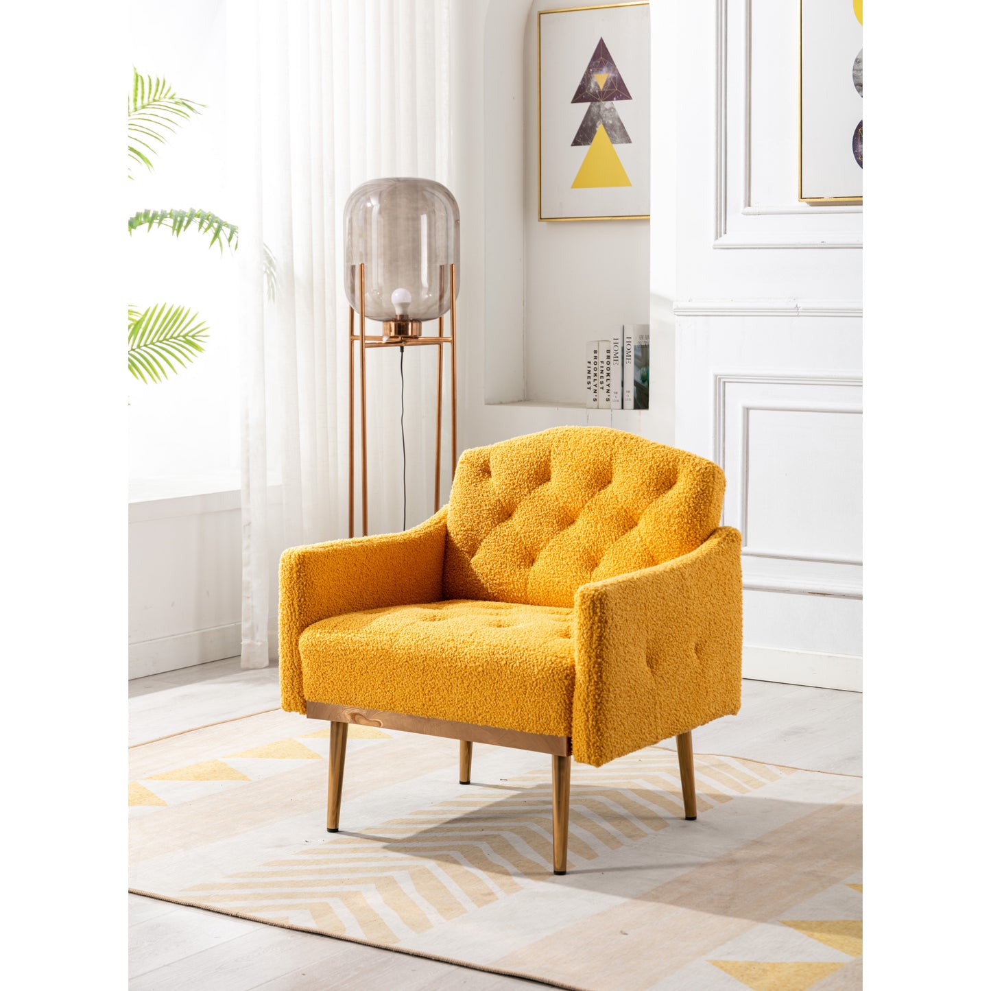 Modern Accent Chair With Arms, Upholstered Tufted Armchair With Gold Metal Legs, Comfortable Reading Chair For Living Room, Bedroom, Office