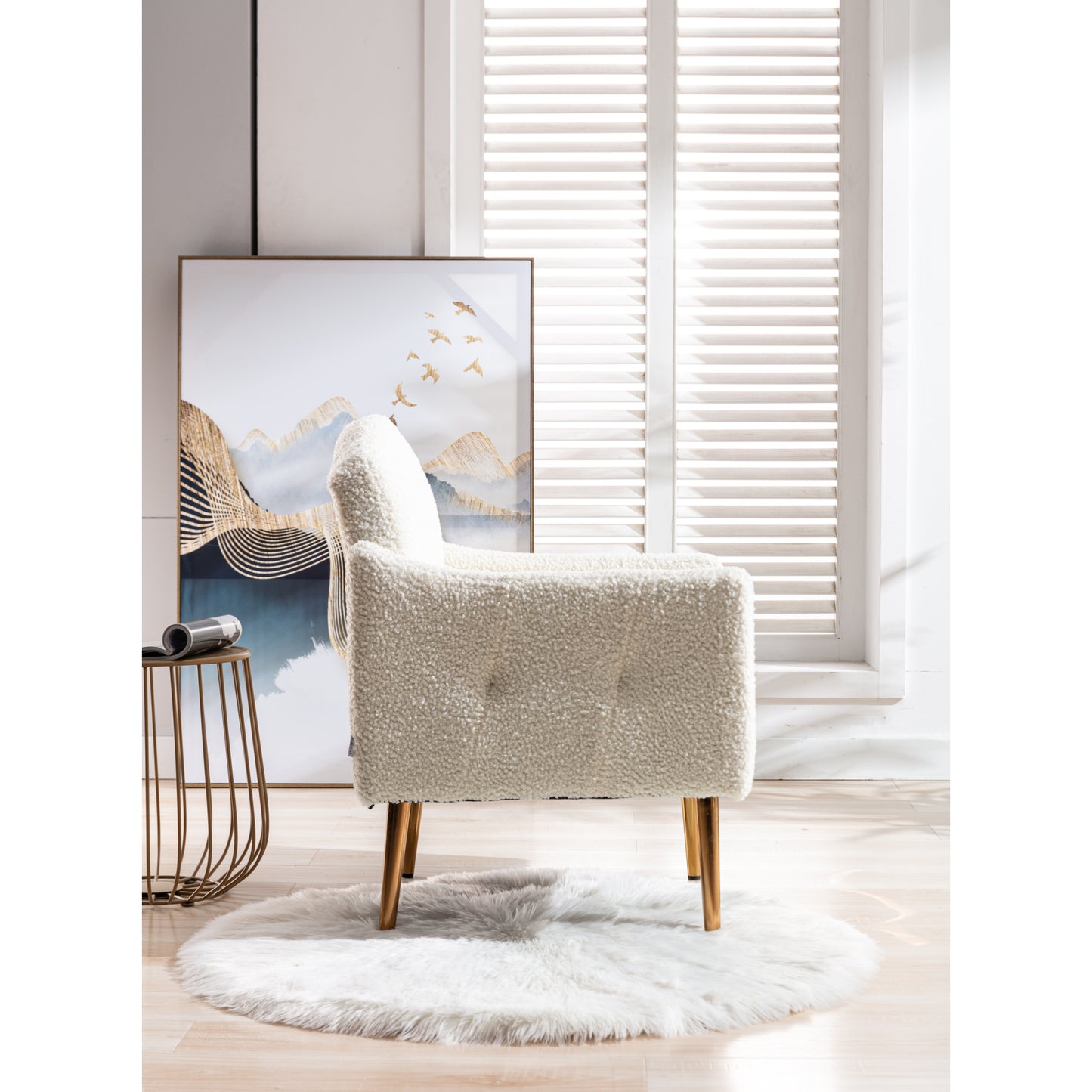 Modern Accent Chair with Arms - Tufted Decorative Fabric Upholstered Armchair, Stylish Gold Metal Legs for Living Room White Teddy