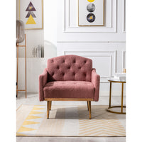 Modern Accent Chair with Arms, Tufted Fabric Armchair, Stylish Upholstered Reading Chair with Gold Metal Legs (Brush Pink Teddy)