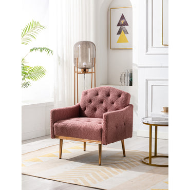 Modern Accent Chair with Arms, Tufted Fabric Armchair, Stylish Upholstered Reading Chair with Gold Metal Legs (Brush Pink Teddy)