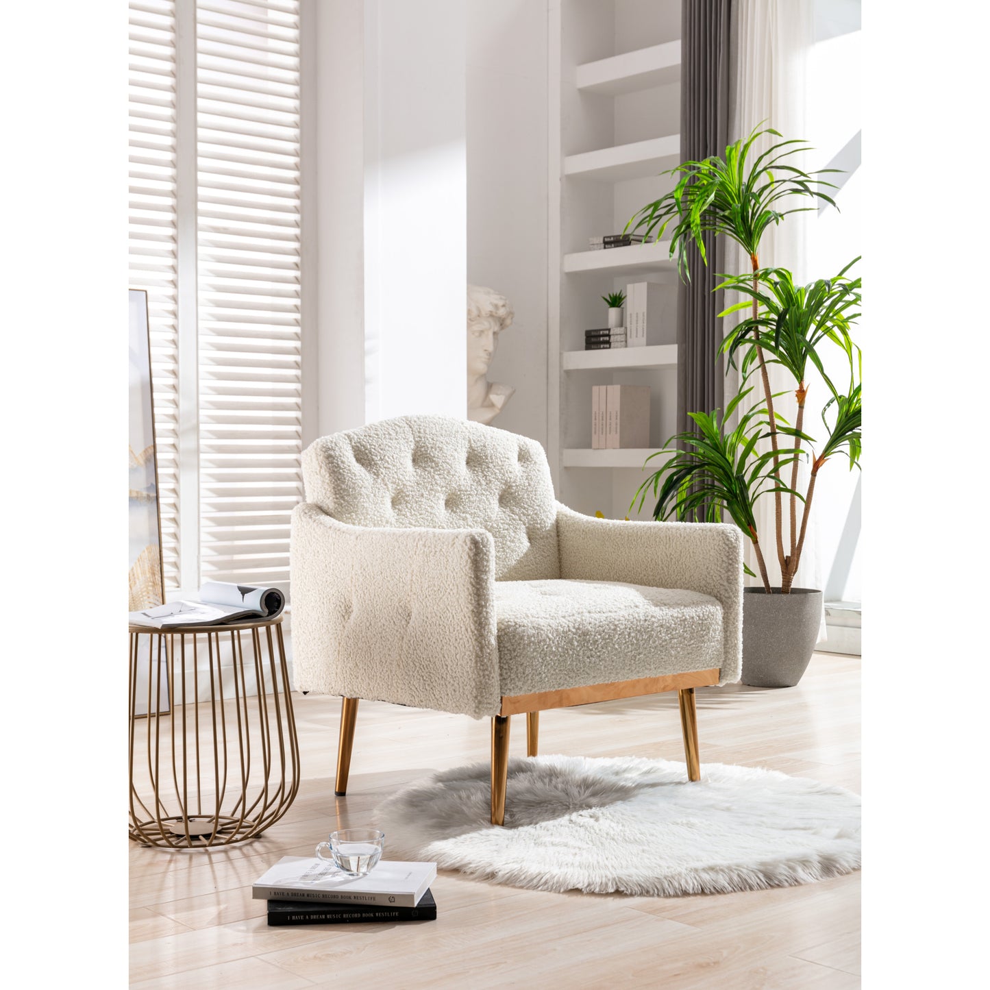 Modern Accent Chair with Arms - Tufted Decorative Fabric Upholstered Armchair, Stylish Gold Metal Legs for Living Room White Teddy