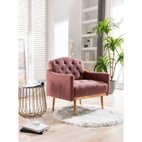 Modern Accent Chair with Arms, Tufted Fabric Armchair, Stylish Upholstered Reading Chair with Gold Metal Legs (Brush Pink Teddy)