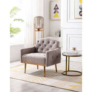 Modern Accent Chair with Arms, Tufted Decorative Fabric Upholstered Armchair with Gold Metal Legs, Stylish Reading Chair (Grey Teddy)