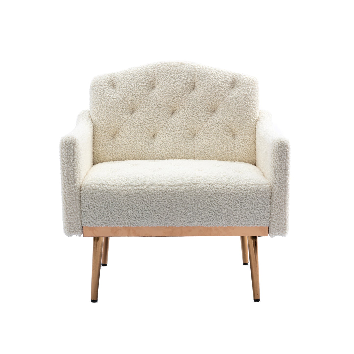 Modern Accent Chair with Arms - Tufted Decorative Fabric Upholstered Armchair, Stylish Gold Metal Legs for Living Room White Teddy