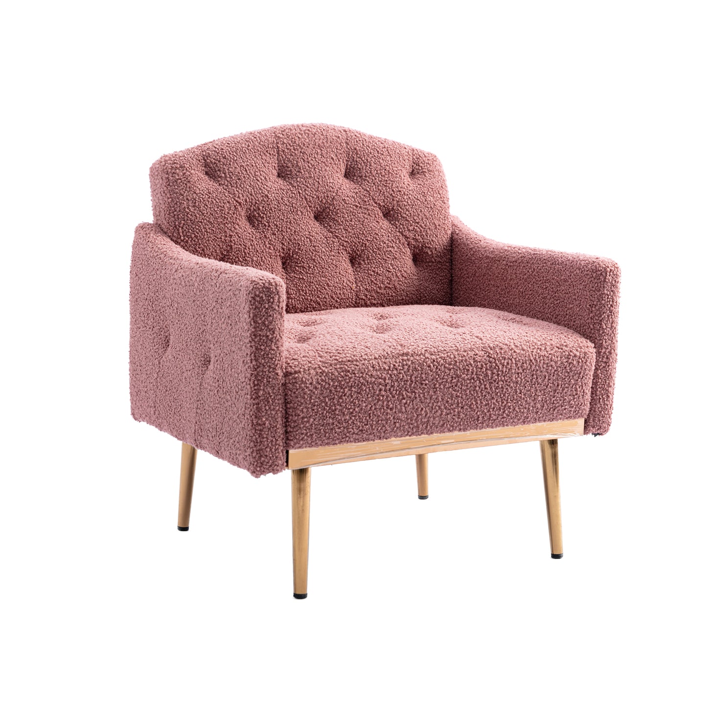 Modern Accent Chair with Arms, Tufted Fabric Armchair, Stylish Upholstered Reading Chair with Gold Metal Legs (Brush Pink Teddy)