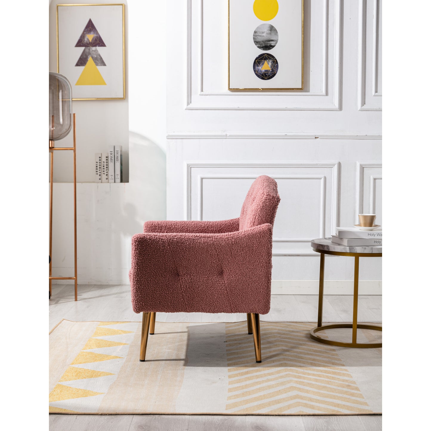 Modern Accent Chair with Arms, Tufted Fabric Armchair, Stylish Upholstered Reading Chair with Gold Metal Legs (Brush Pink Teddy)