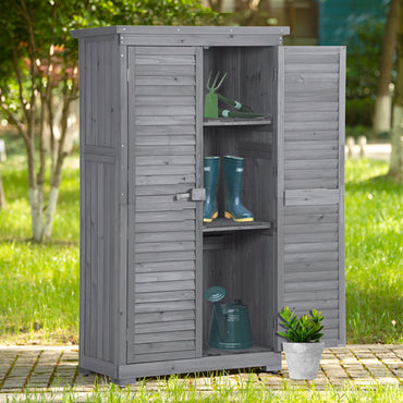 Outdoor Wooden Garden Shed, 3-Tier Patio Storage Cabinet, Fir Wood Organizer with Lockers, Gray Shutter Design