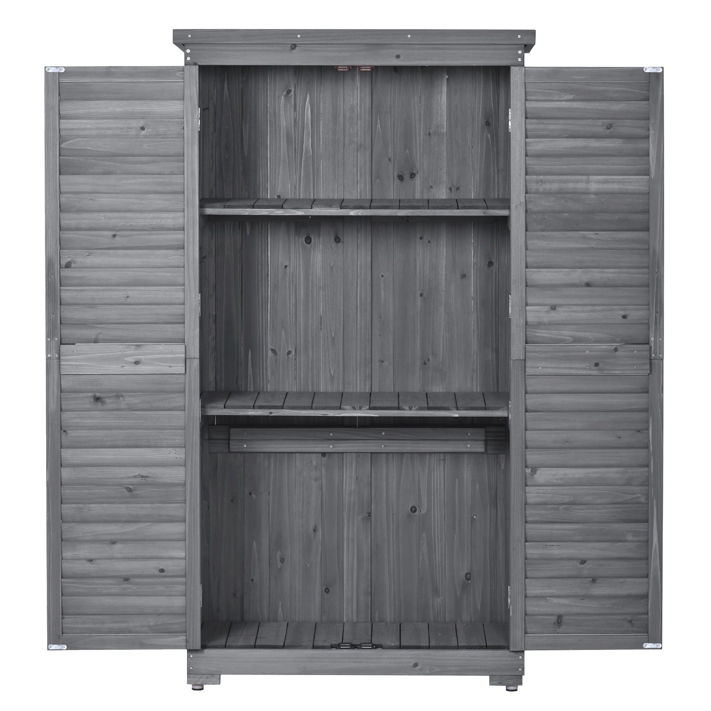 Outdoor Wooden Garden Shed, 3-Tier Patio Storage Cabinet, Fir Wood Organizer with Lockers, Gray Shutter Design