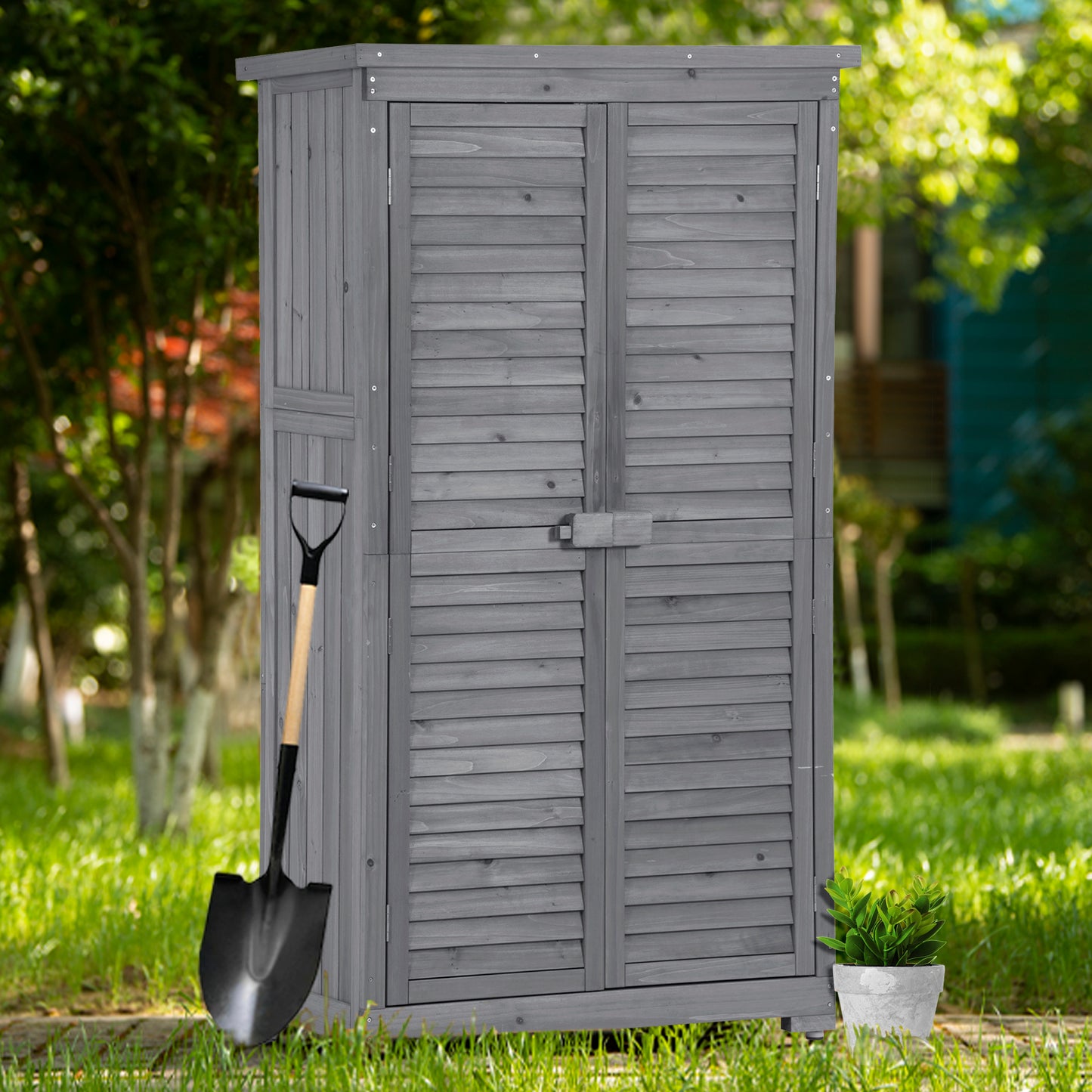 Outdoor Wooden Garden Shed, 3-Tier Patio Storage Cabinet, Fir Wood Organizer with Lockers, Gray Shutter Design