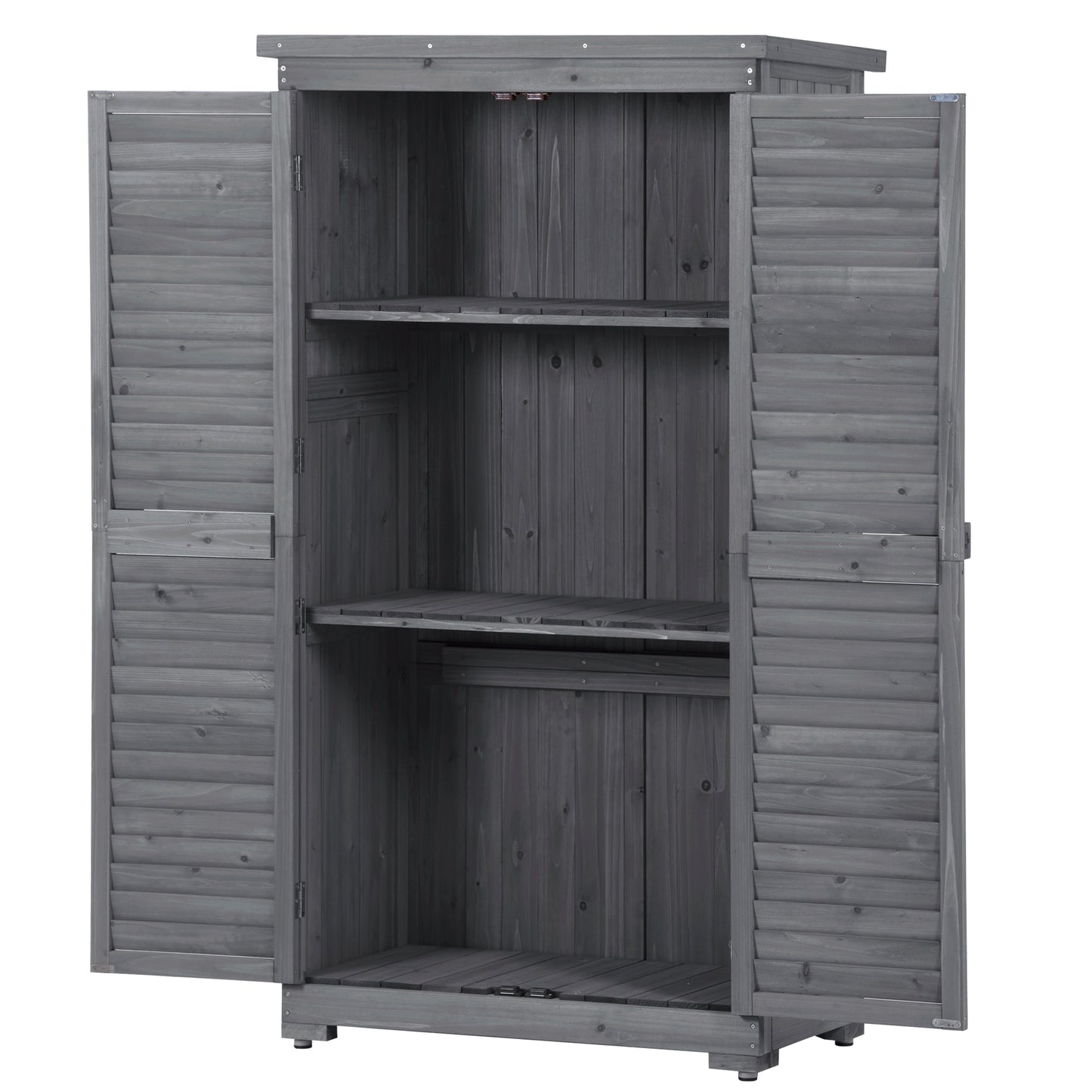 Outdoor Wooden Garden Shed, 3-Tier Patio Storage Cabinet, Fir Wood Organizer with Lockers, Gray Shutter Design