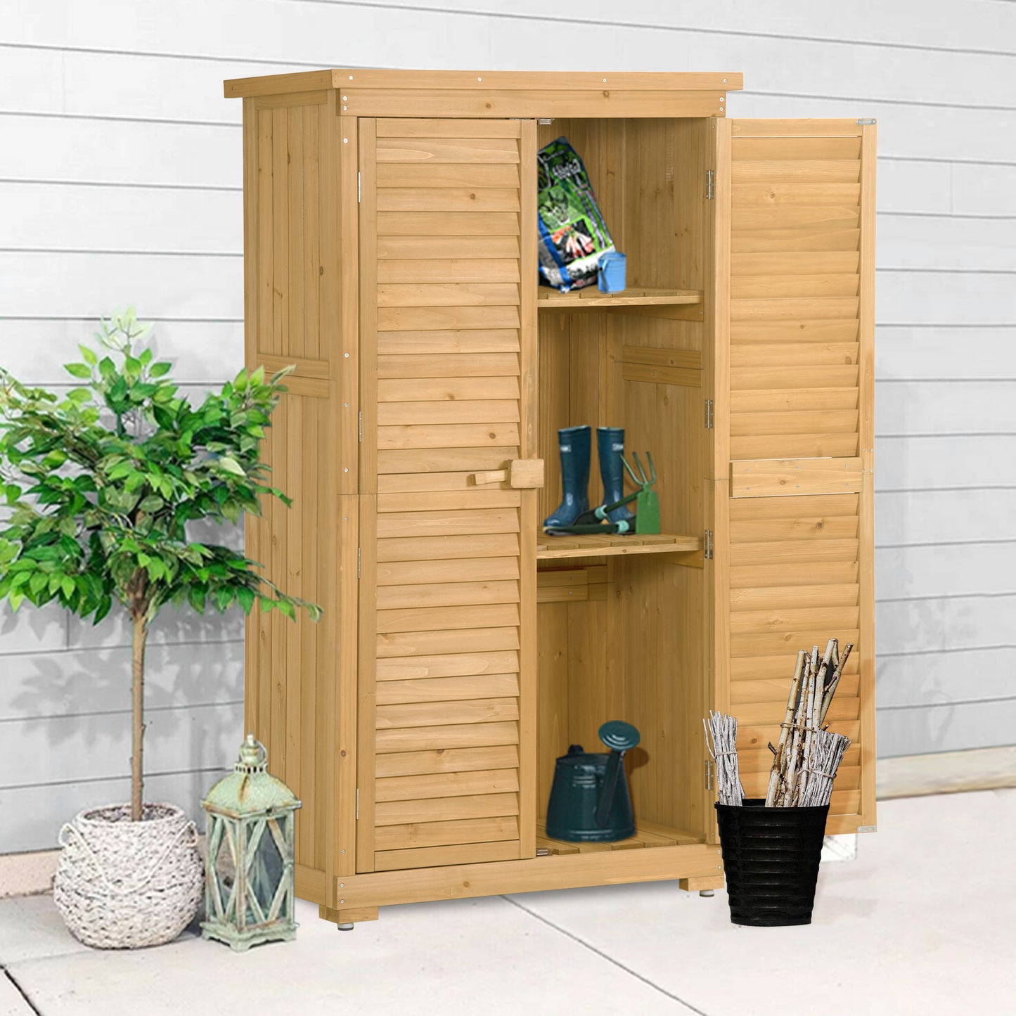 3-Tier Wooden Garden Shed - Outdoor Storage Cabinet, Patio Organizer with Natural Fir Wood, Shutter Design, Lockable Lockers