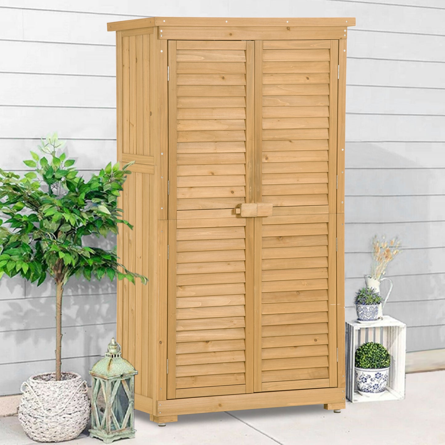 3-Tier Wooden Garden Shed - Outdoor Storage Cabinet, Patio Organizer with Natural Fir Wood, Shutter Design, Lockable Lockers