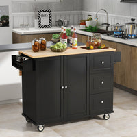 Rolling Mobile Kitchen Island with Solid Wood Top, 52.7 Width, Locking Wheels, Storage Cabinet, Drop Leaf Breakfast Bar, Spice Rack - Black