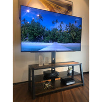 Height Adjustable Universal Swivel TV Stand with Black Wooden Storage & Tempered Glass for Entertainment Center