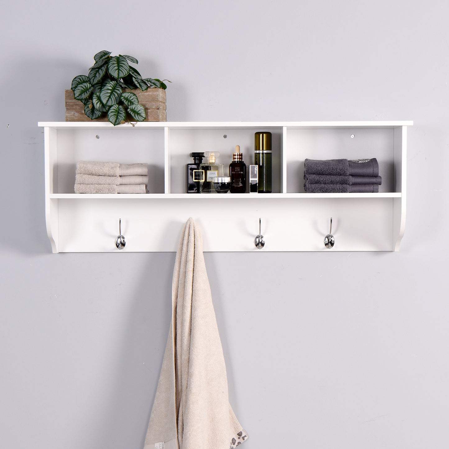 White Wall Mounted Coat Rack with 4 Dual Hooks, Wooden Entryway Storage Shelf for Living Room Decor