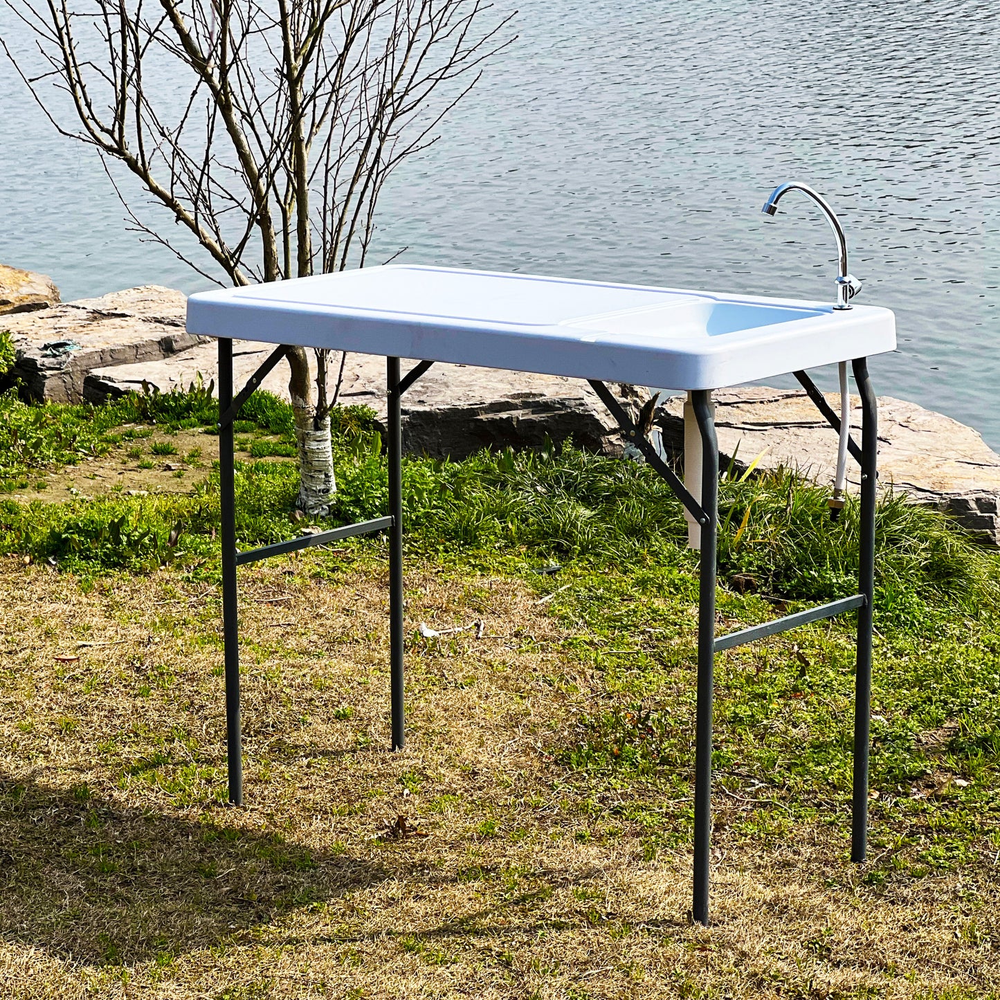 Outdoor Fish and Game Cleaning Table with Sink and Faucet - Portable Cutting Station for Camping and Fishing Activities