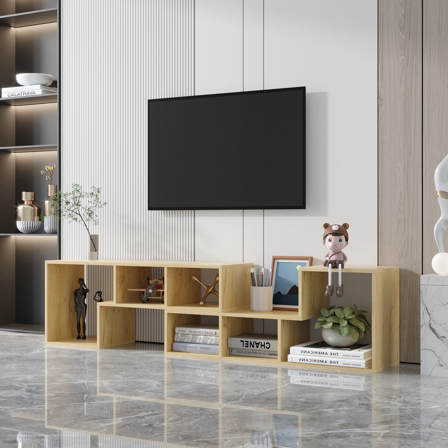 L-Shaped Oak TV Stand and Display Shelf - Stylish Bookcase for Home Furniture, Perfect for Living Room and Entertainment Space