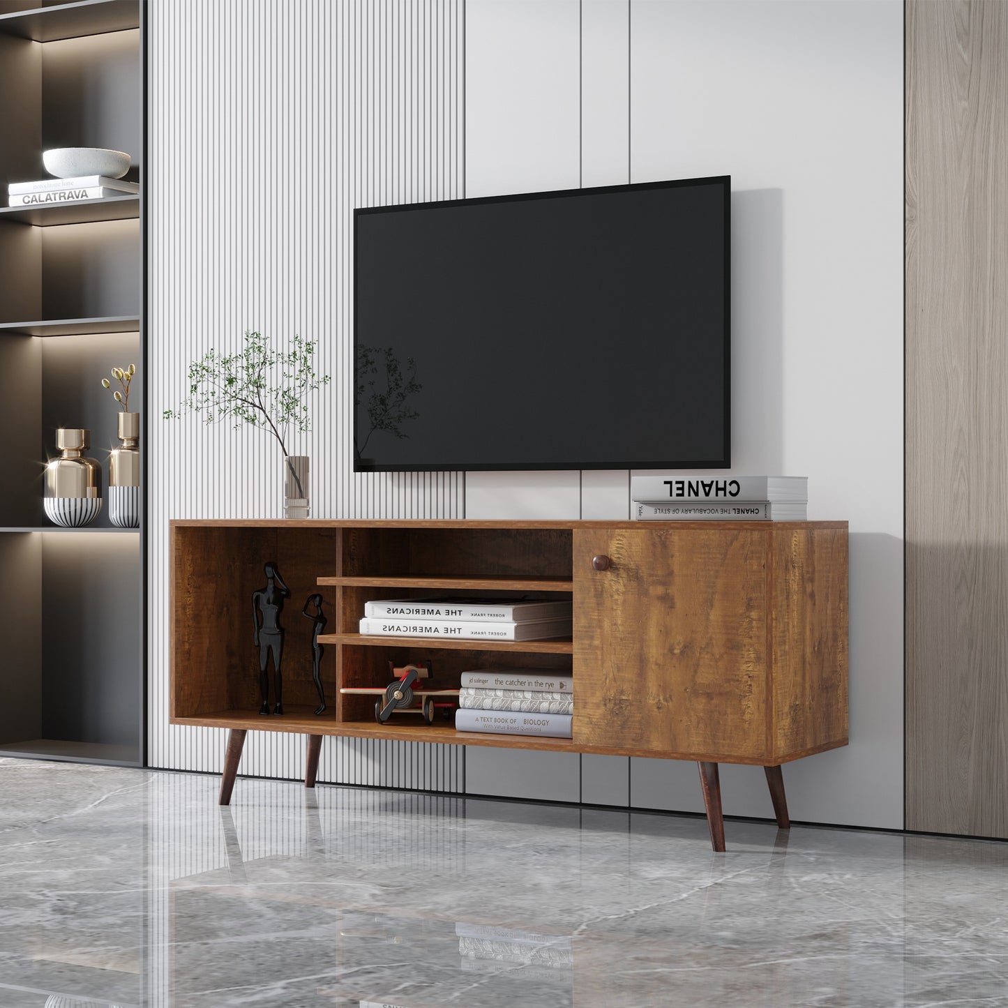 Modern TV Stand for Living Room Furniture - 1 Storage Cabinet & 2 Shelves, High-Quality Particle Board, Walnut Finish