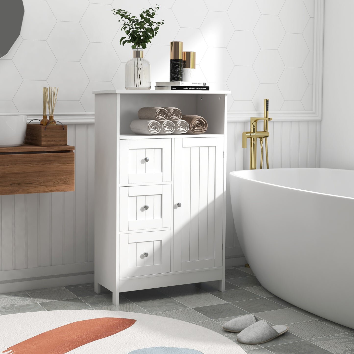 Bathroom Standing Storage Cabinet with 3 Drawers & 1 Door - Elegant White Organizing Solution