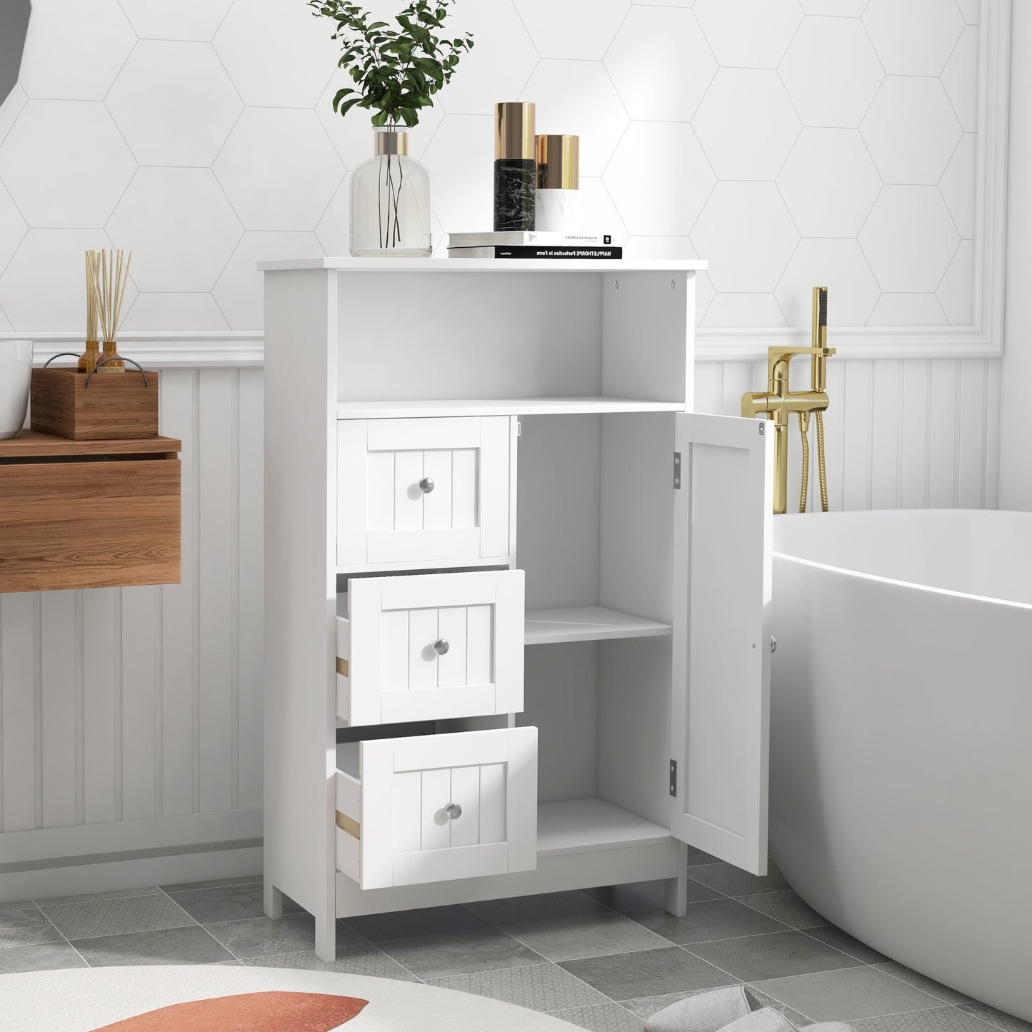 Bathroom Standing Storage Cabinet with 3 Drawers & 1 Door - Elegant White Organizing Solution