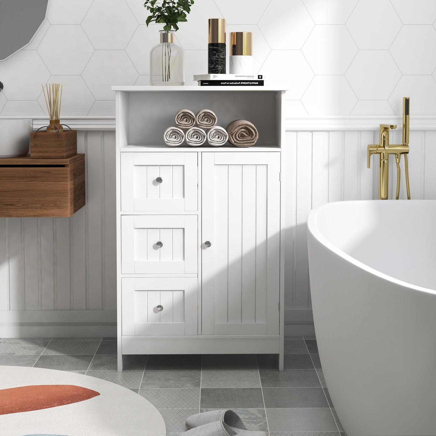 Bathroom Standing Storage Cabinet with 3 Drawers & 1 Door - Elegant White Organizing Solution