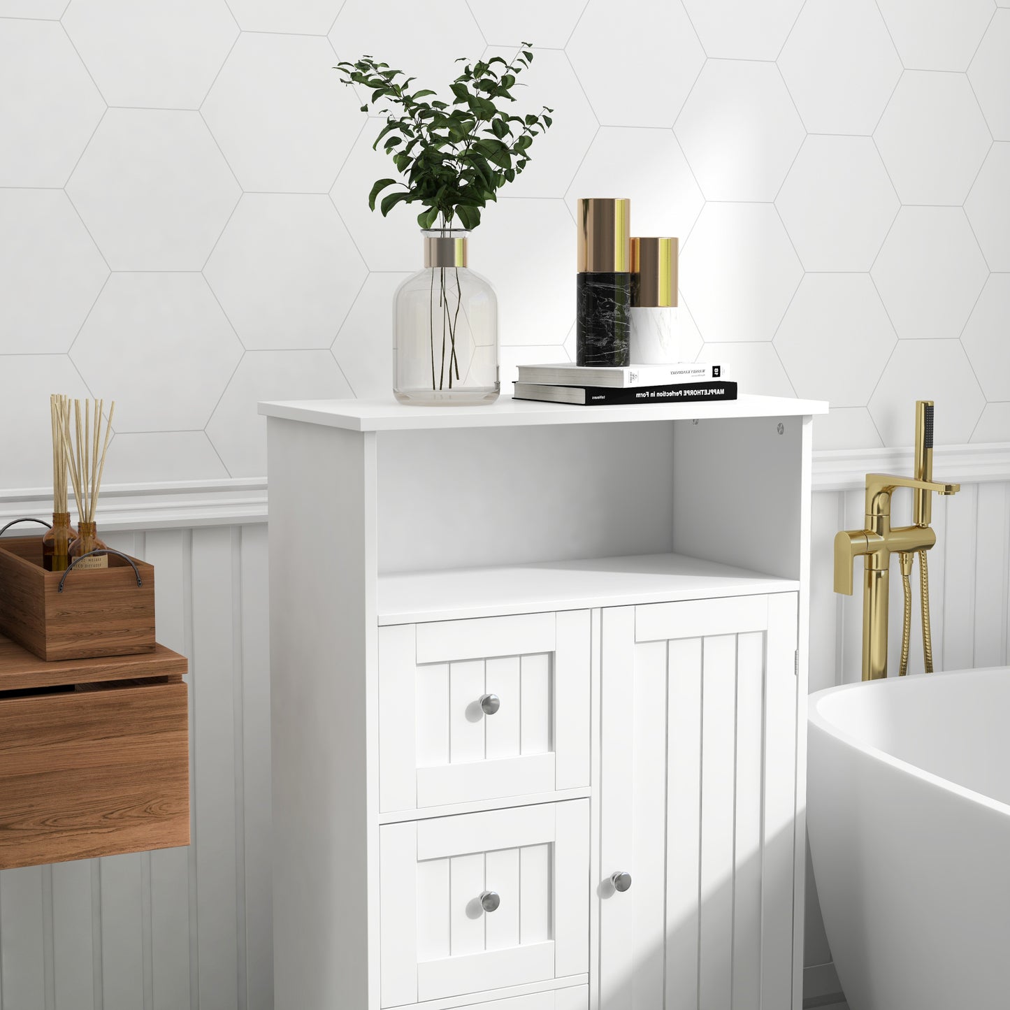 Bathroom Standing Storage Cabinet with 3 Drawers & 1 Door - Elegant White Organizing Solution